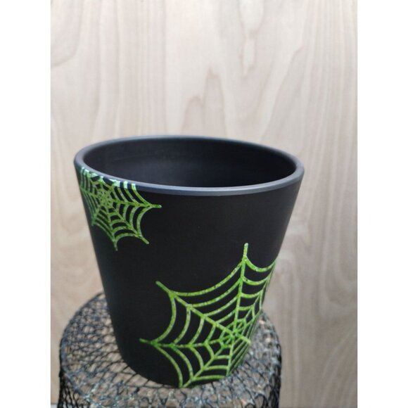Black Plant Pot With Green Spider Web Design 5 Inches Halloween Themed Decor Pot - Picture 5 of 7